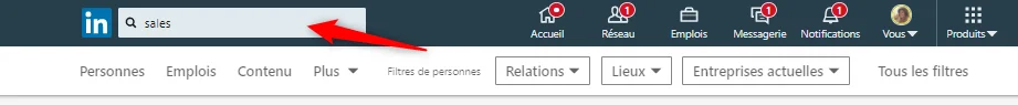 Page LinkedIn, barre de recherche "Rechercher", filtre "Personnes" sélectionné.