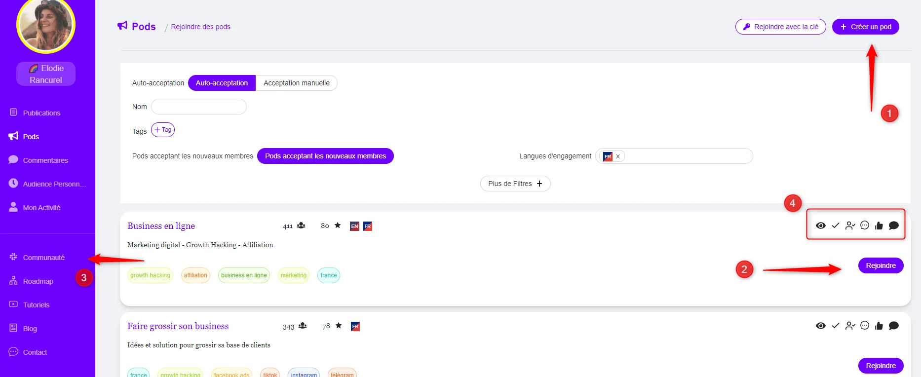 Page web d'ajout de groupe avec des options pour créer un post, filtre par langue et catégories de business en ligne.