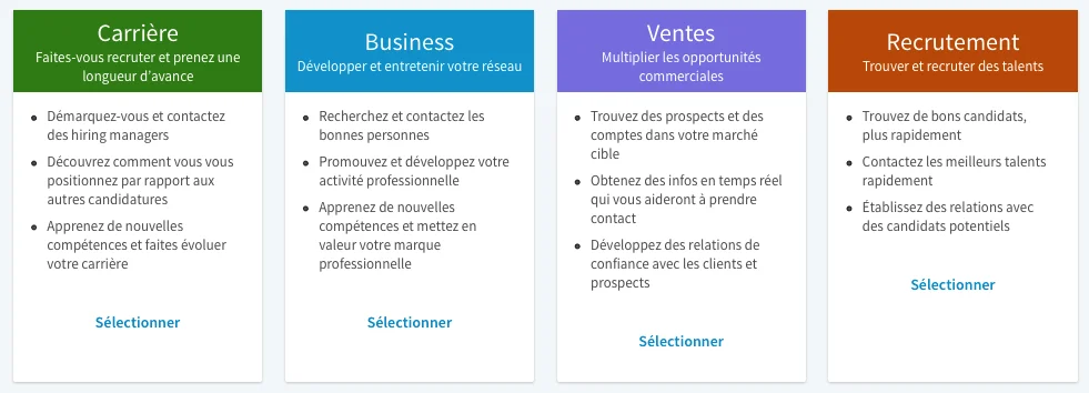 "4 sections: Carrière, Business, Ventes, Recrutement - Boutons 'Sélectionner' - Textes en français"