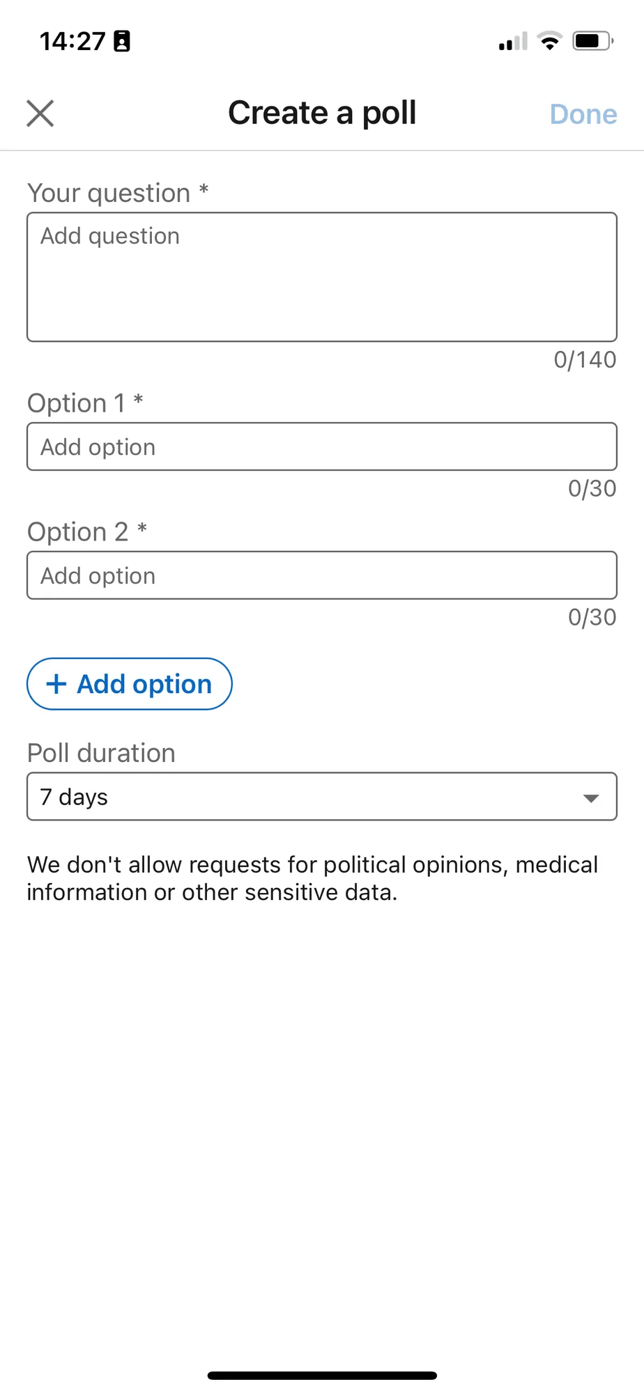 Create poll interface question options