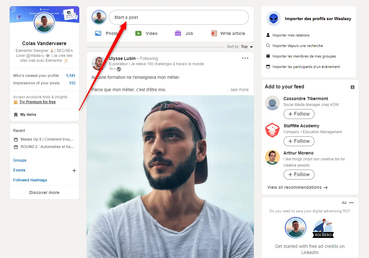 Interface Waalaxy créer post LinkedIn