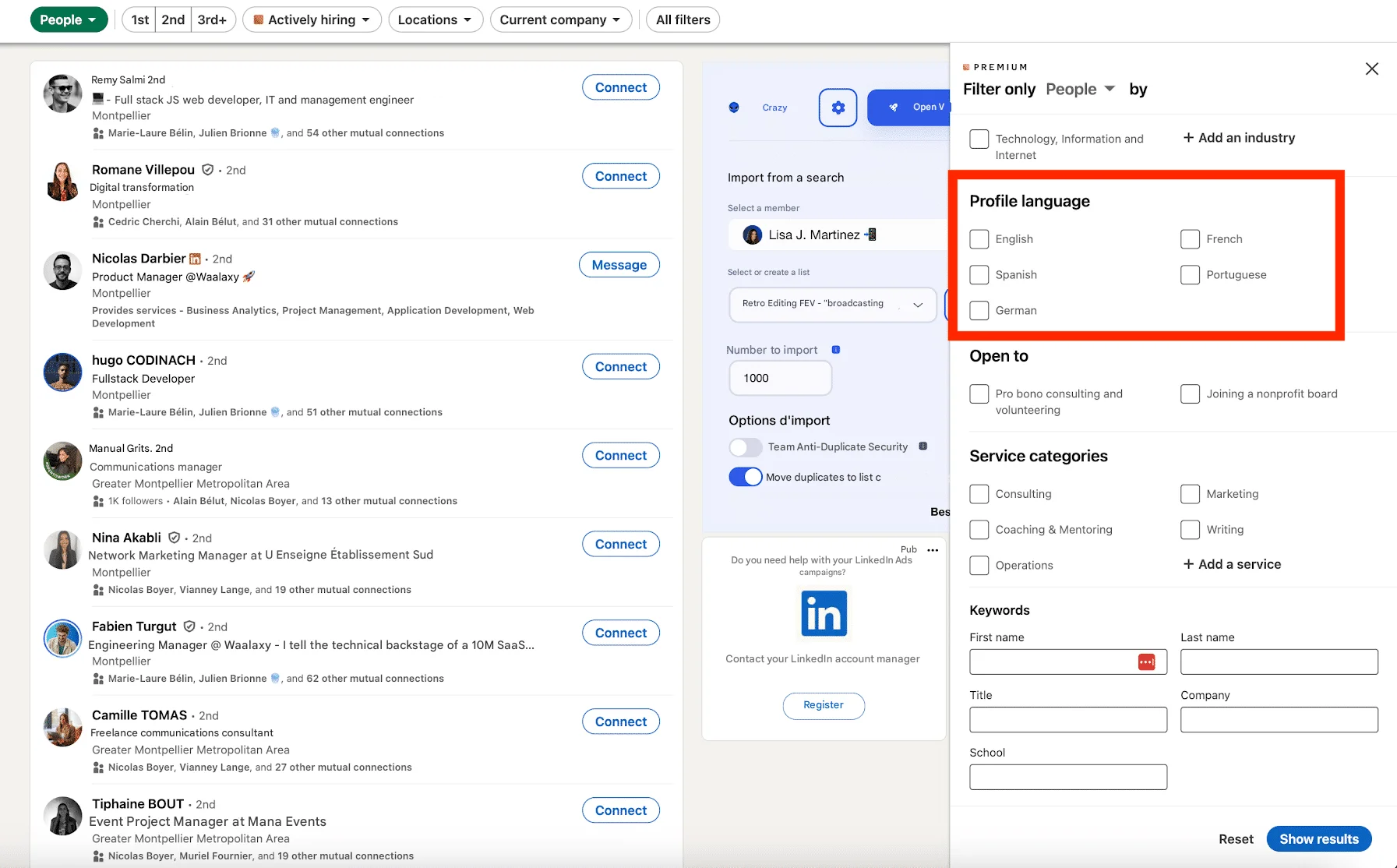 Ricerca avanzata su LinkedIn: selezionare la lingua del profilo.