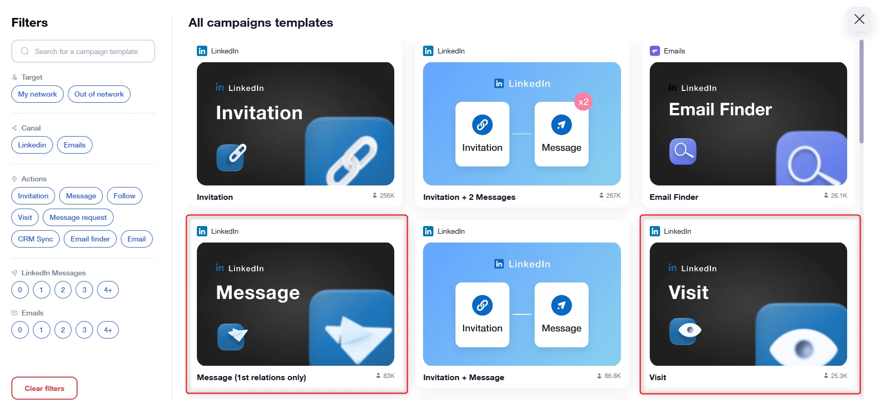 Page web présentant des modèles de campagnes LinkedIn avec "Invitation", "Message" (1er contact), "Email Finder", et "Visit".
