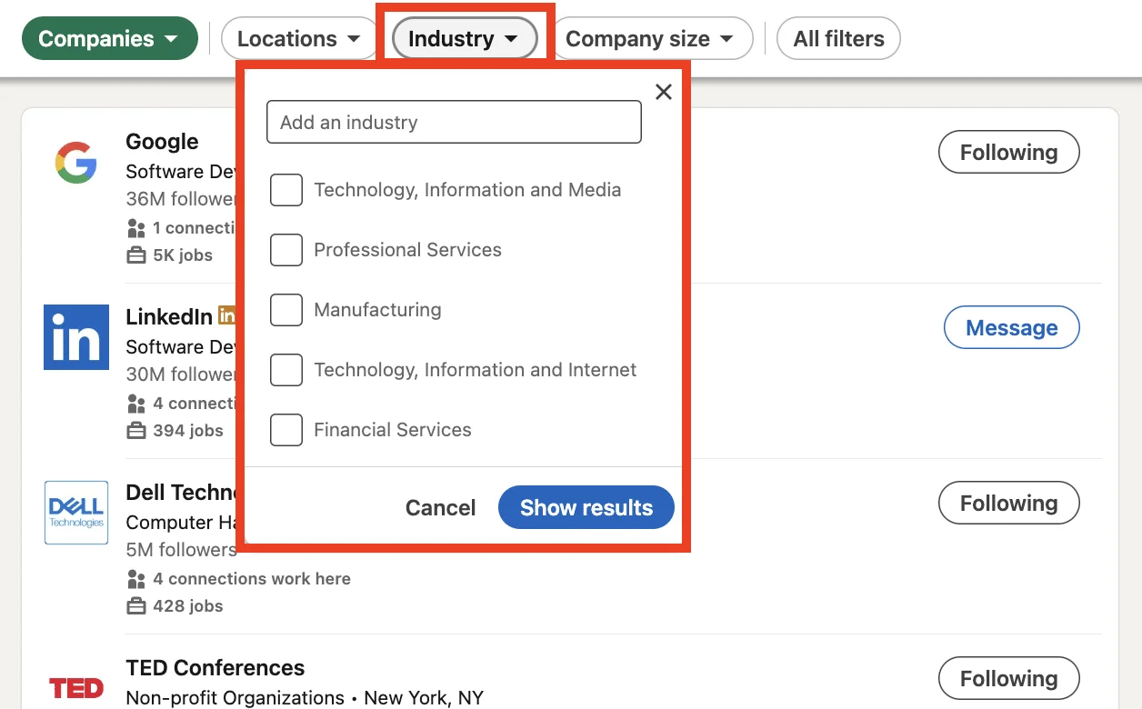 LinkedIn industry filter search interface