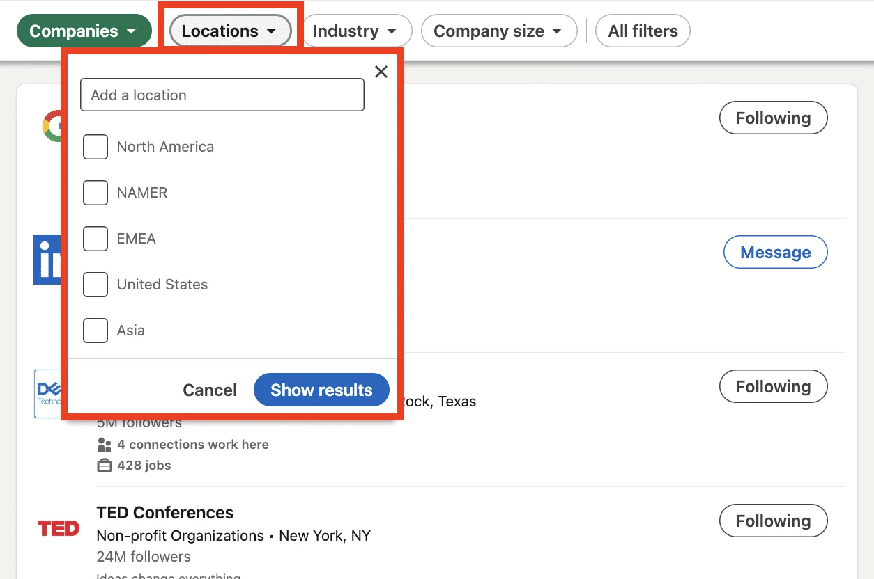 Pesquisa avançada do LinkedIn por região