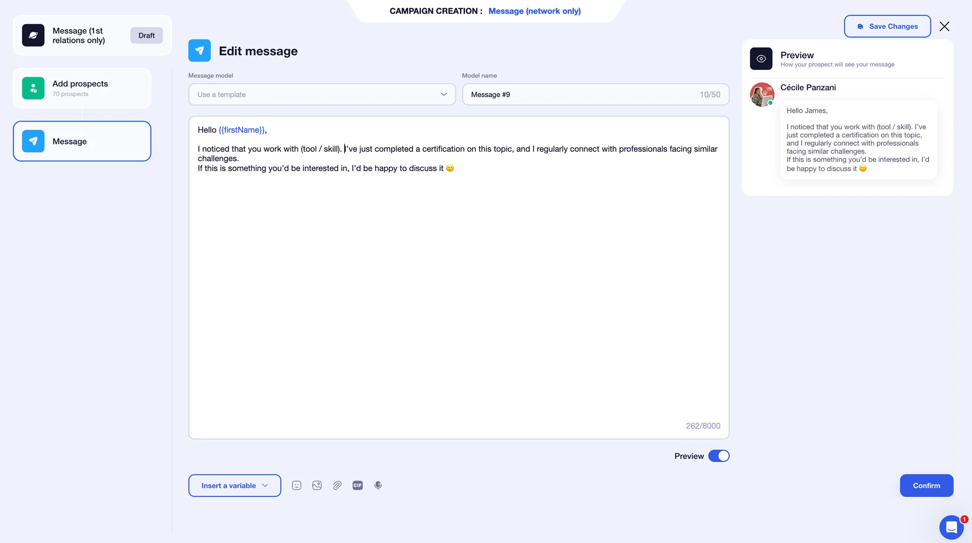 Prospecting message with LinkedIn certification