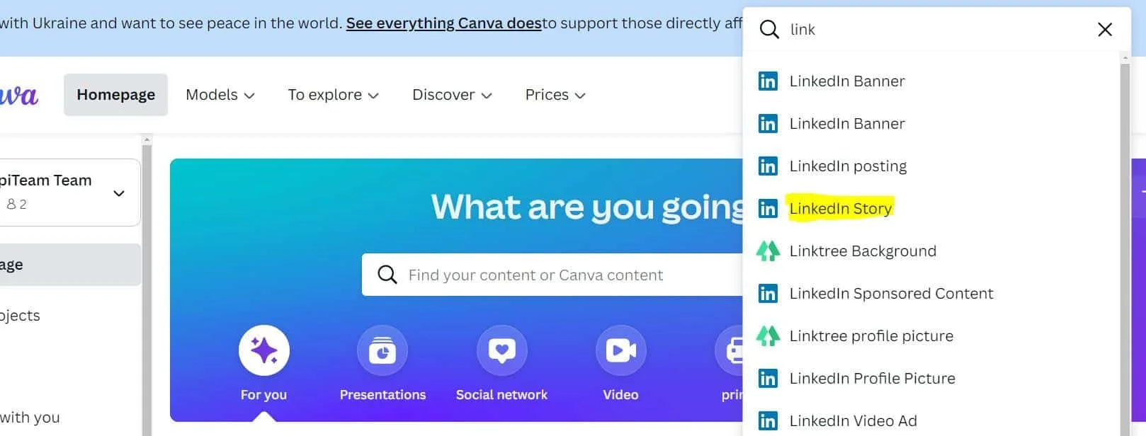 Choosing the LinkedIn post format in Canva