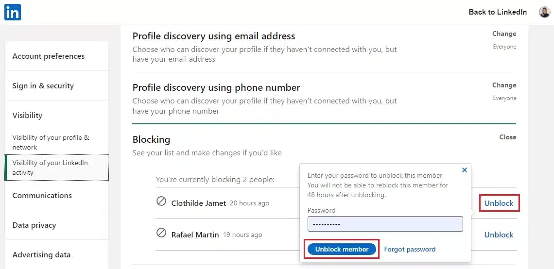 deblokkeren lid LinkedIn