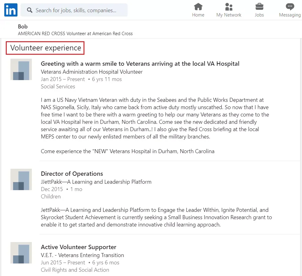 LinkedIn profile volunteer experience section