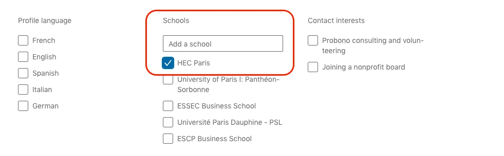 Linkedin school filter