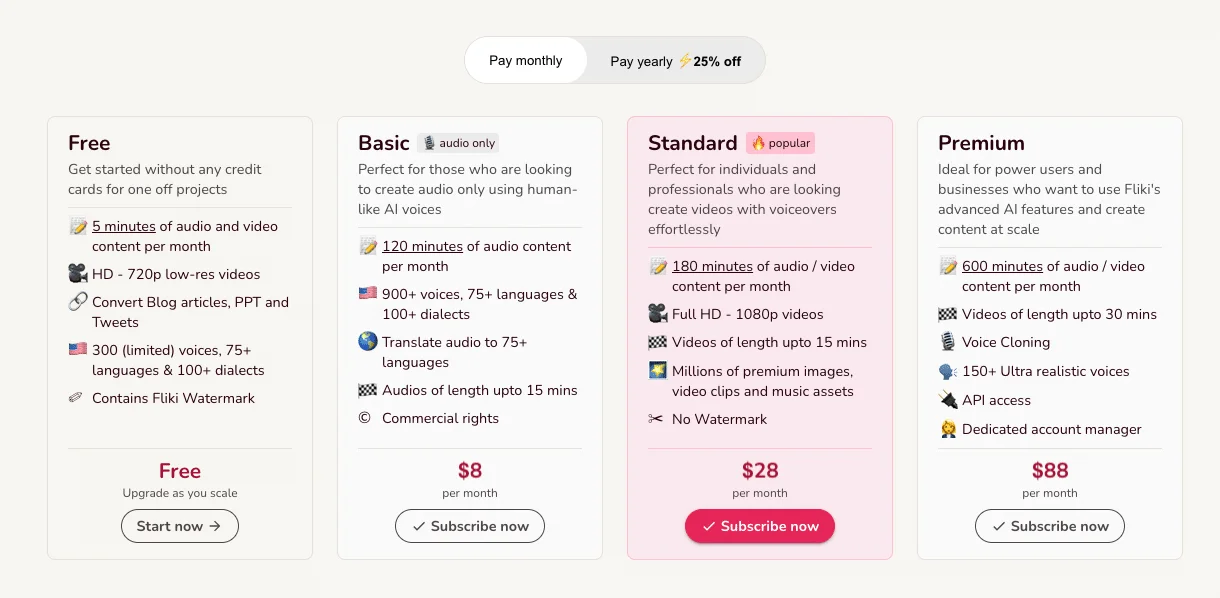 Fliki pricing plans comparison table