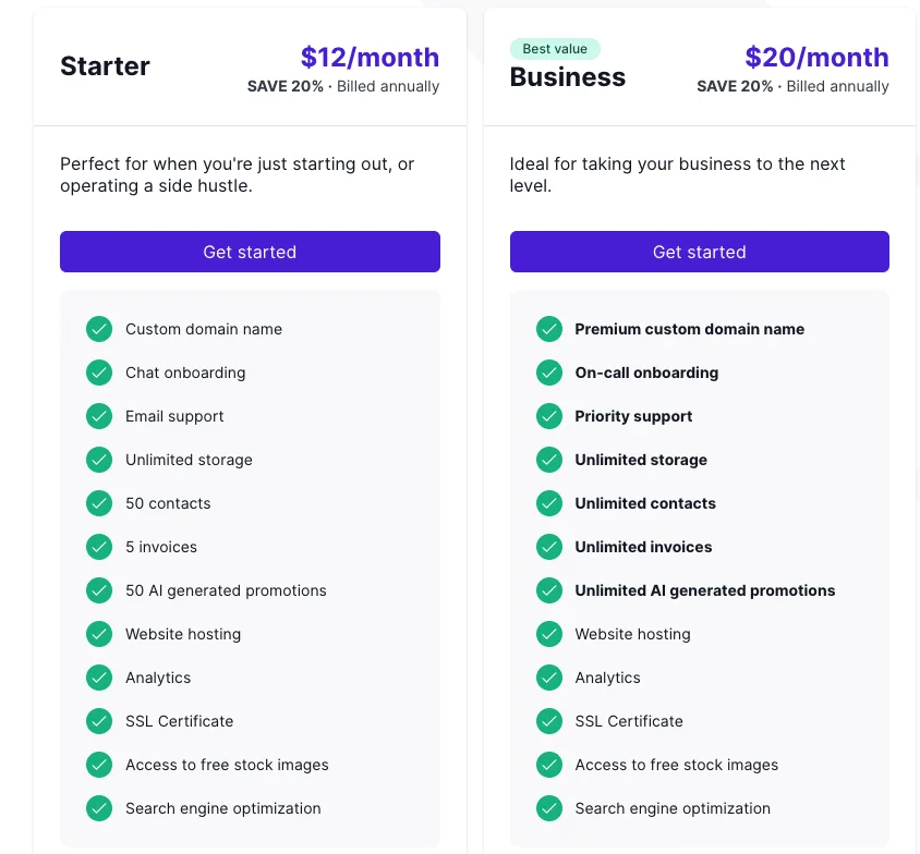 Pricing comparison starter business plans
