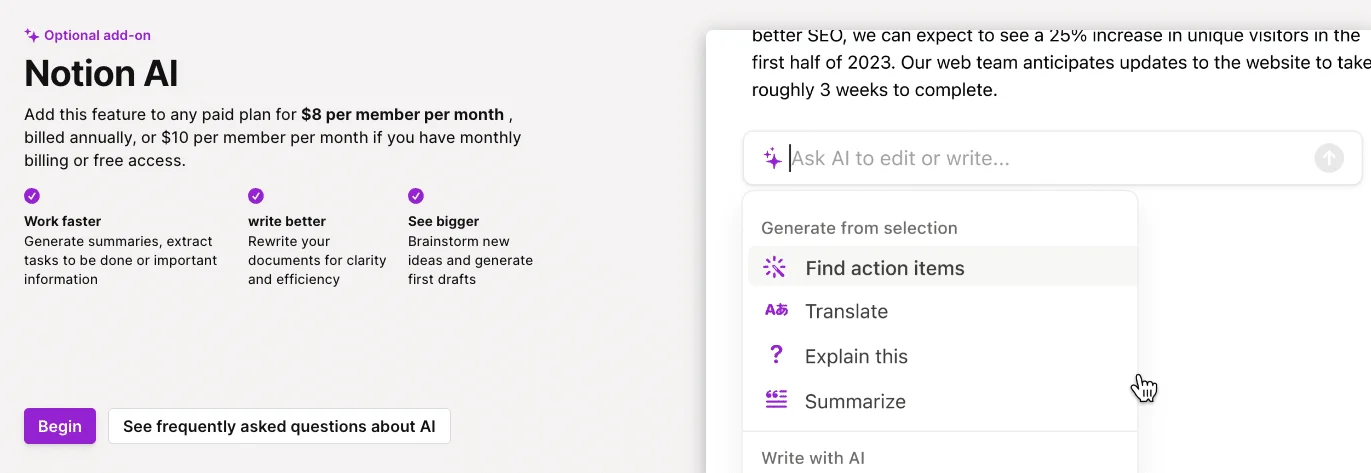 How much does the AI tools Notion AI cost?