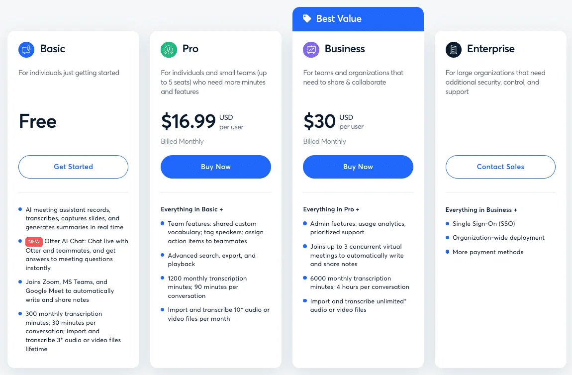 Comparison pricing plans basic pro business enterprise