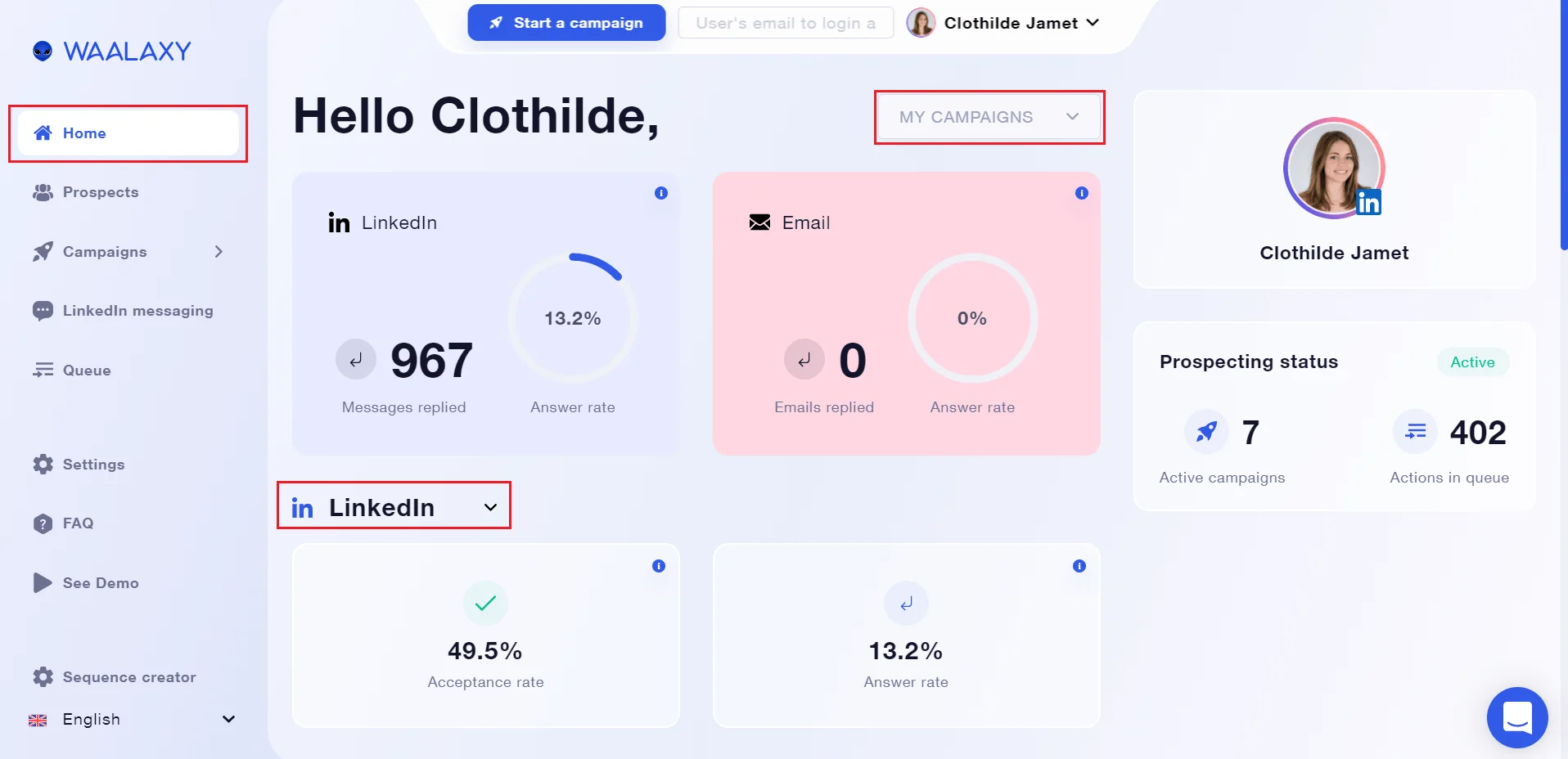 Free Sales Dashboard Using Waalaxy