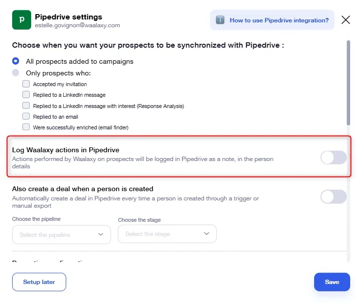 Pipedrive settings synchronisation prospects Waalaxy