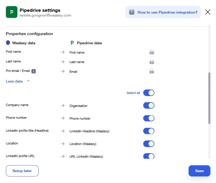 Pipedrive Waalaxy integration propriétés configuration