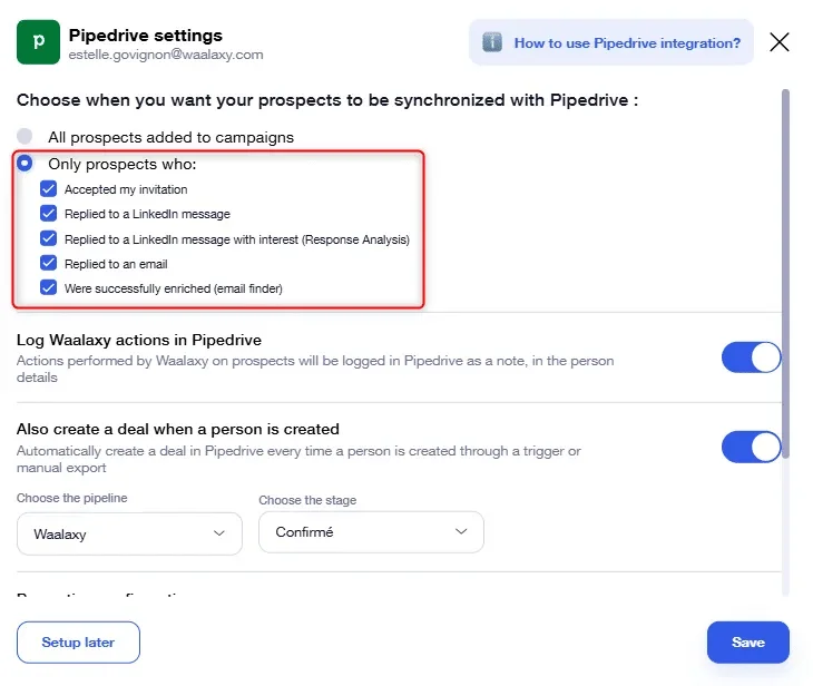 Pipedrive integration settings Waalaxy