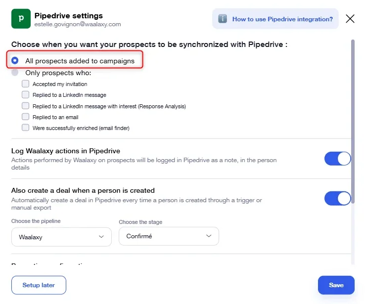 Pipedrive settings - Synchronization of leads