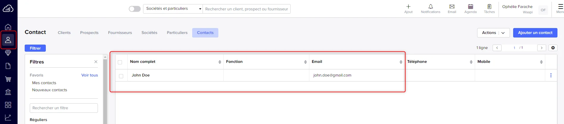 Interface contacts Waalaxy gestion prospection