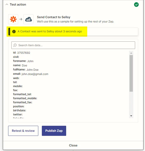 Test action Zapier envoi contact Sellsy