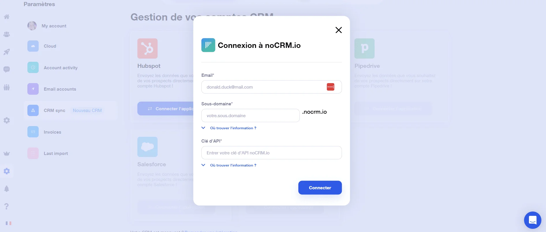 Connexion NoCRM.io formulaire authentification
