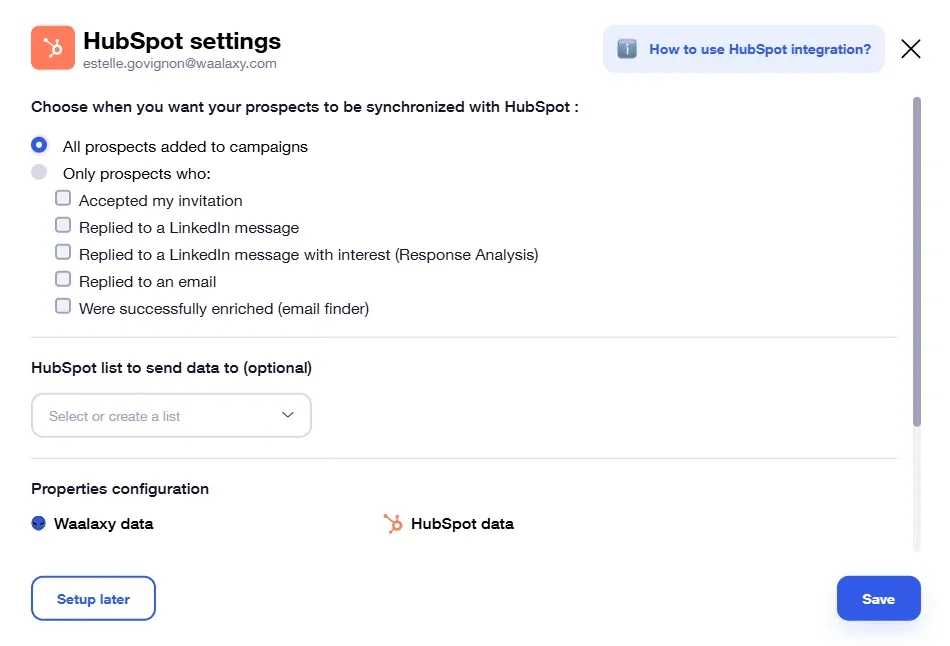 HubSpot settings synchronization prospects