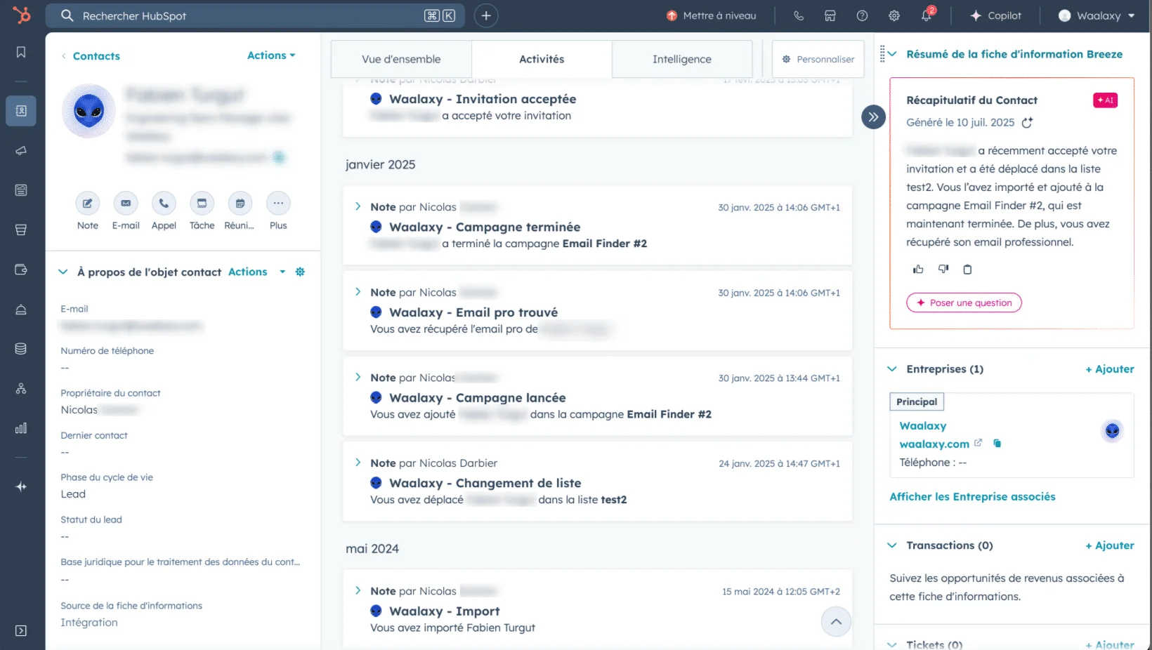 Waalaxy is synchronized in HubSpot
