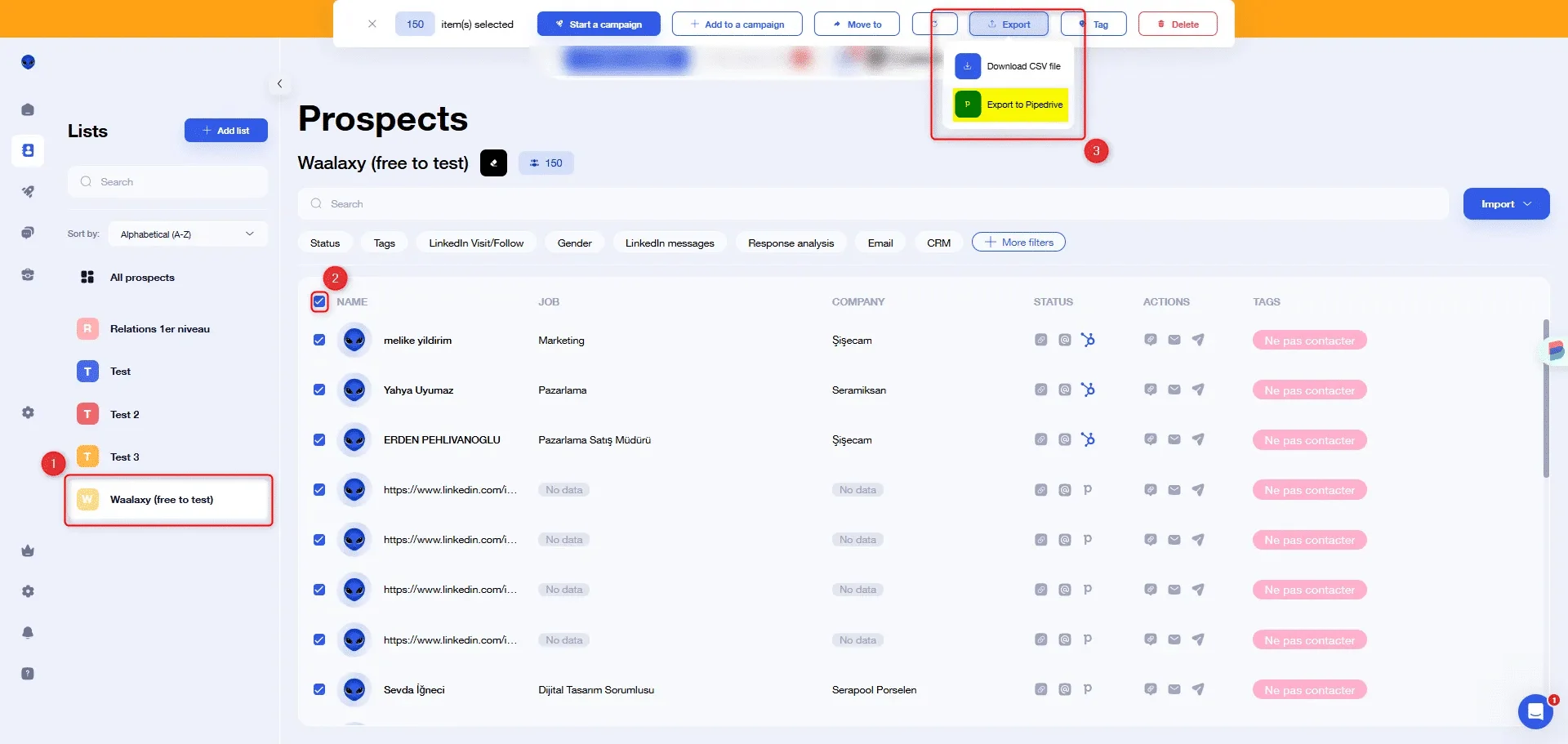 Interface prospects Waalaxy LinkedIn