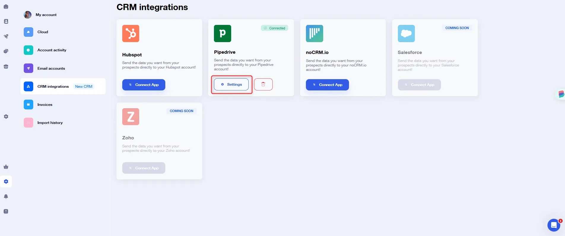 CRM integrations Waalaxy HubSpot Pipedrive
