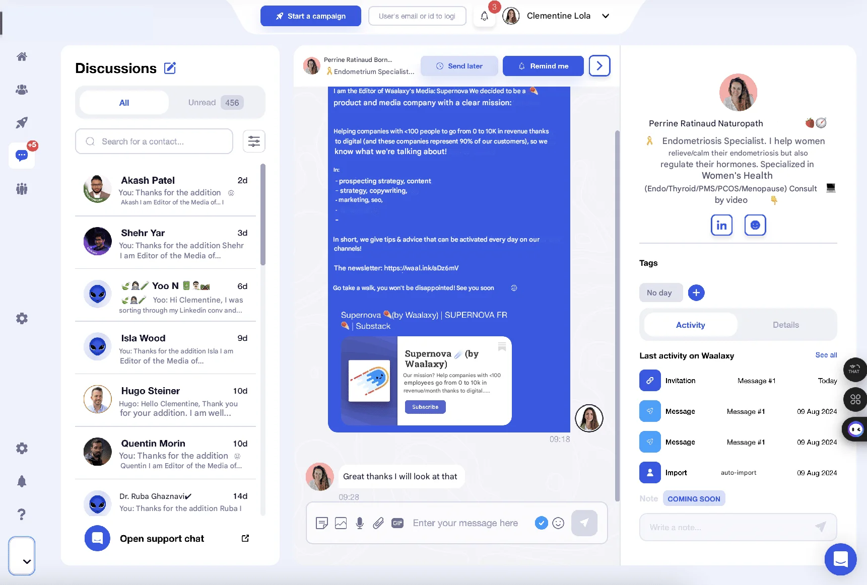 Inbox Waalaxy per gestire le risposte dei lead.