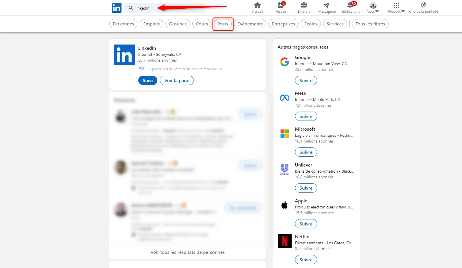 Recherche LinkedIn résultats posts