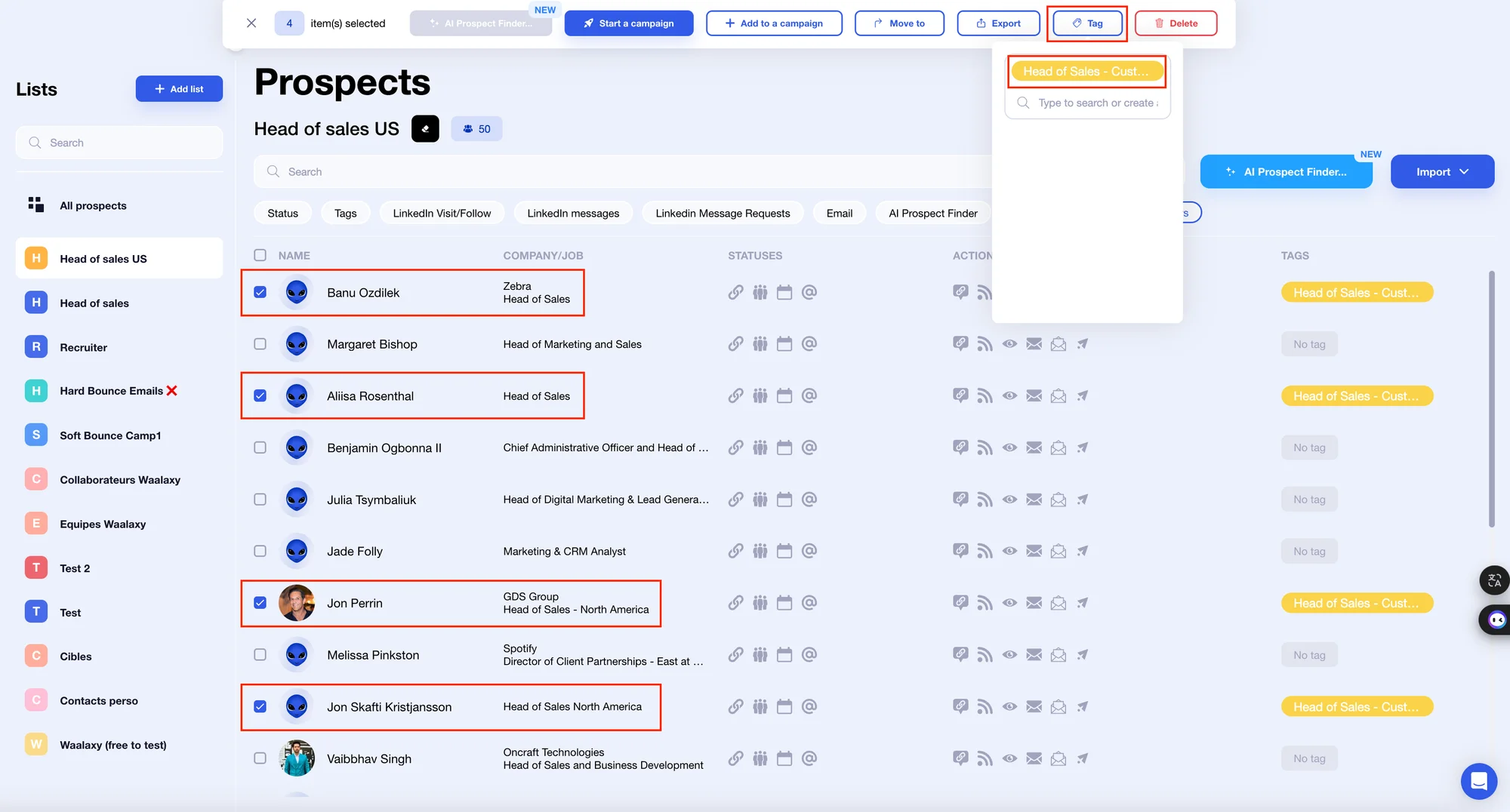 Canal de ventas: clasificación y etiquetado de prospectos en Waalaxy.