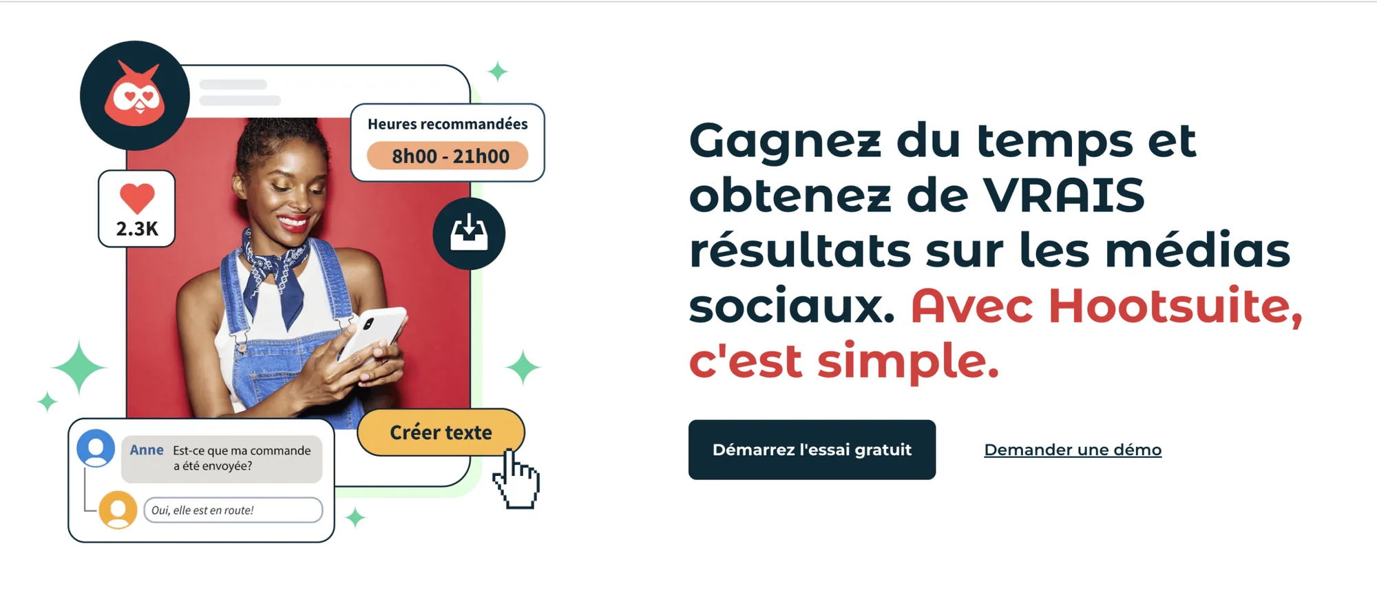 Image promotionnelle de Hootsuite, femme tenant un smartphone, texte: "Créer texte", "Démarrer l'essai gratuit", "Demander une démo". Contexte: gestion des médias sociaux.