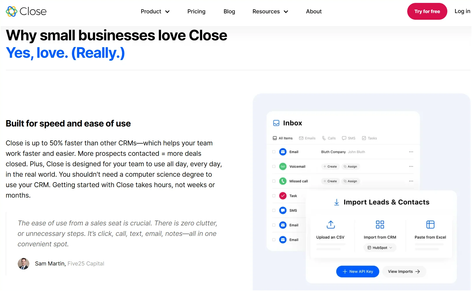 Interface Close CRM importer des leads