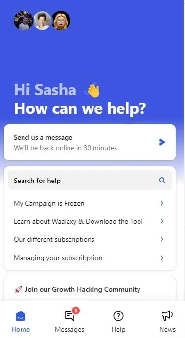 B2B lead generation : support Chat and FAQ Waalaxy.