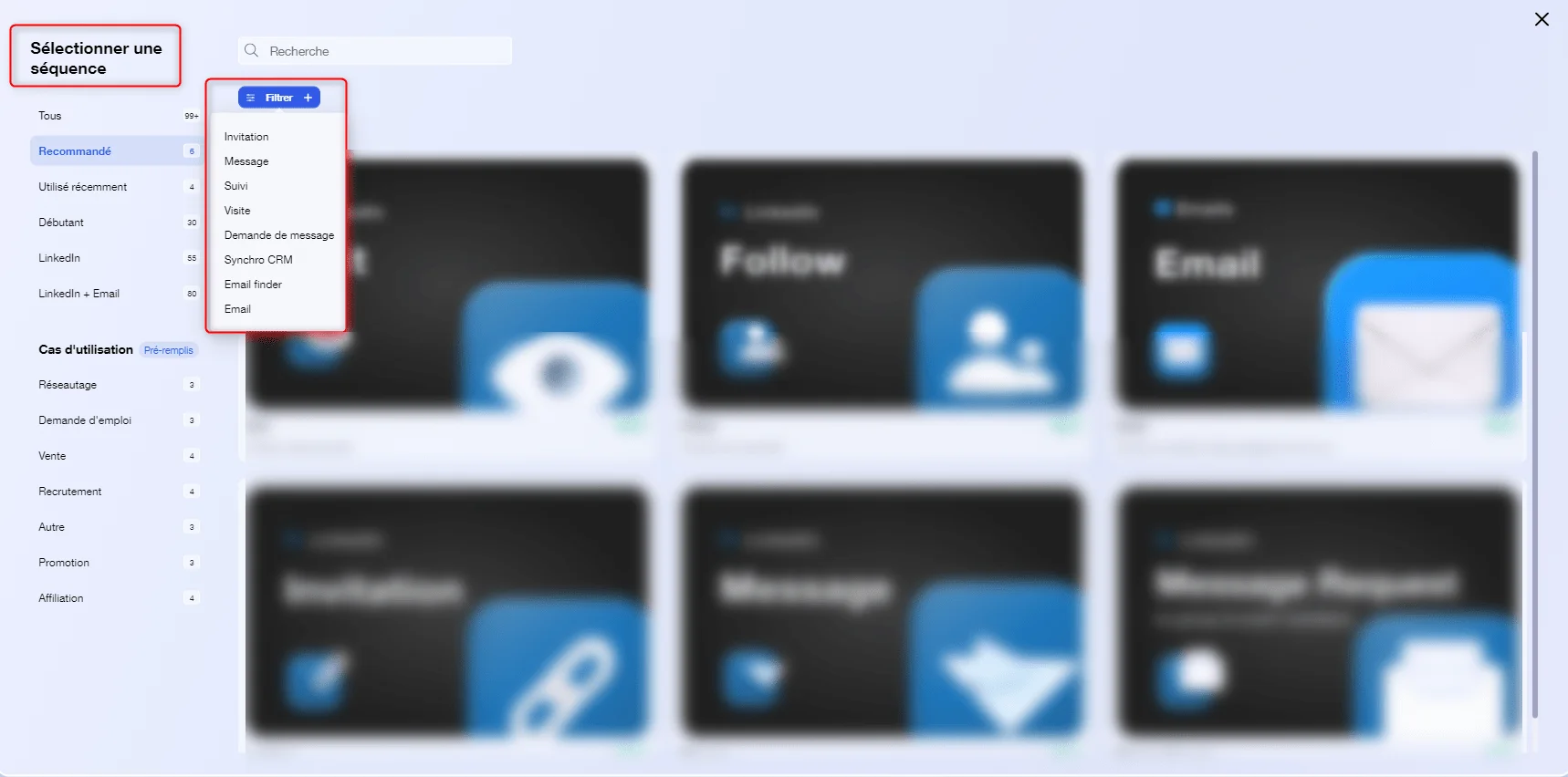 Interface sélection séquences prospection Waalaxy