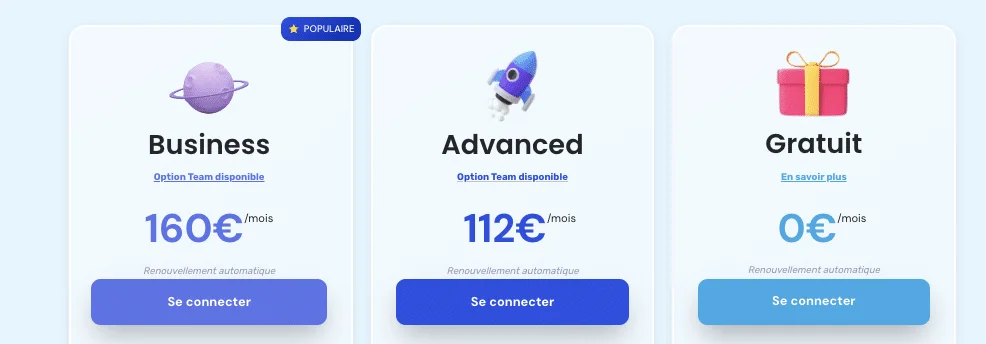 Trois plans tarifaires Waalaxy Business Advanced Gratuit