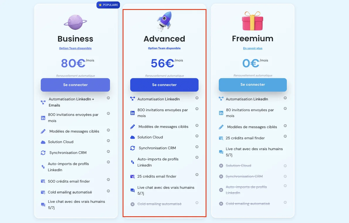 Comparaison plans tarifs Waalaxy
