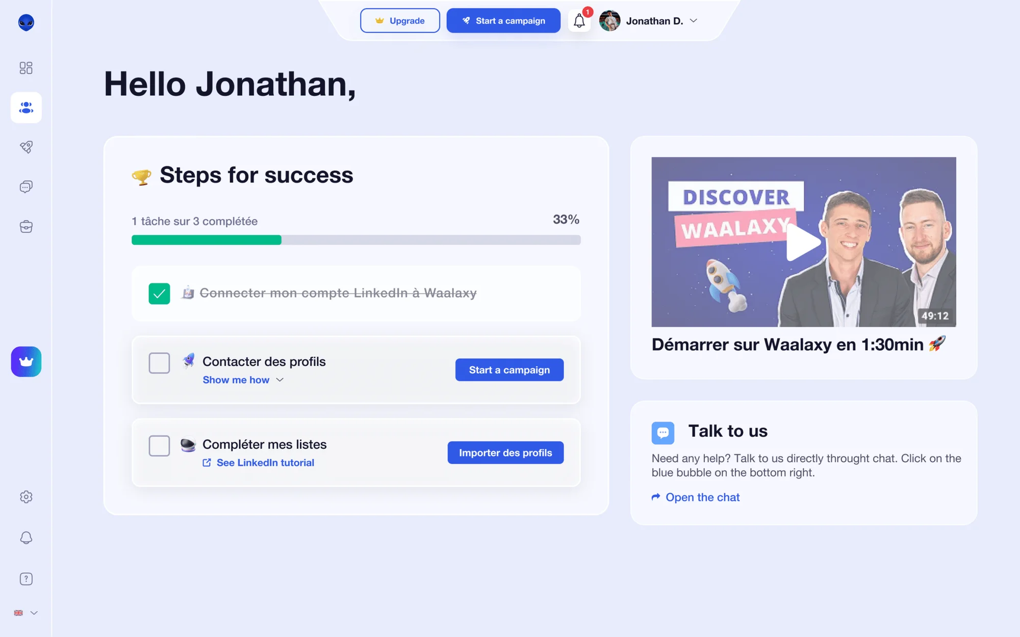 Dashboard Waalaxy étapes succès prospection
