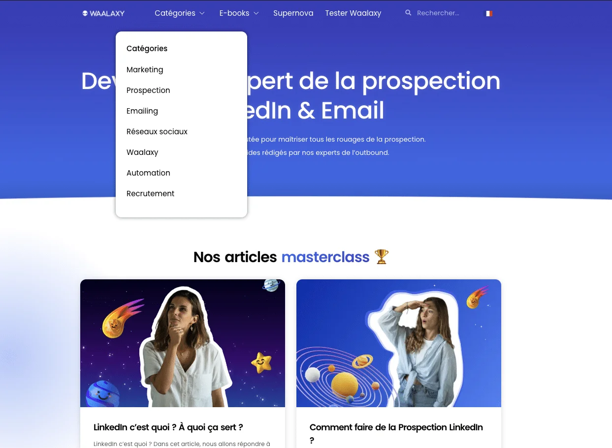 Page web promotionnelle sur la prospection LinkedIn et Emailing, menu "Catégories" ouvert.