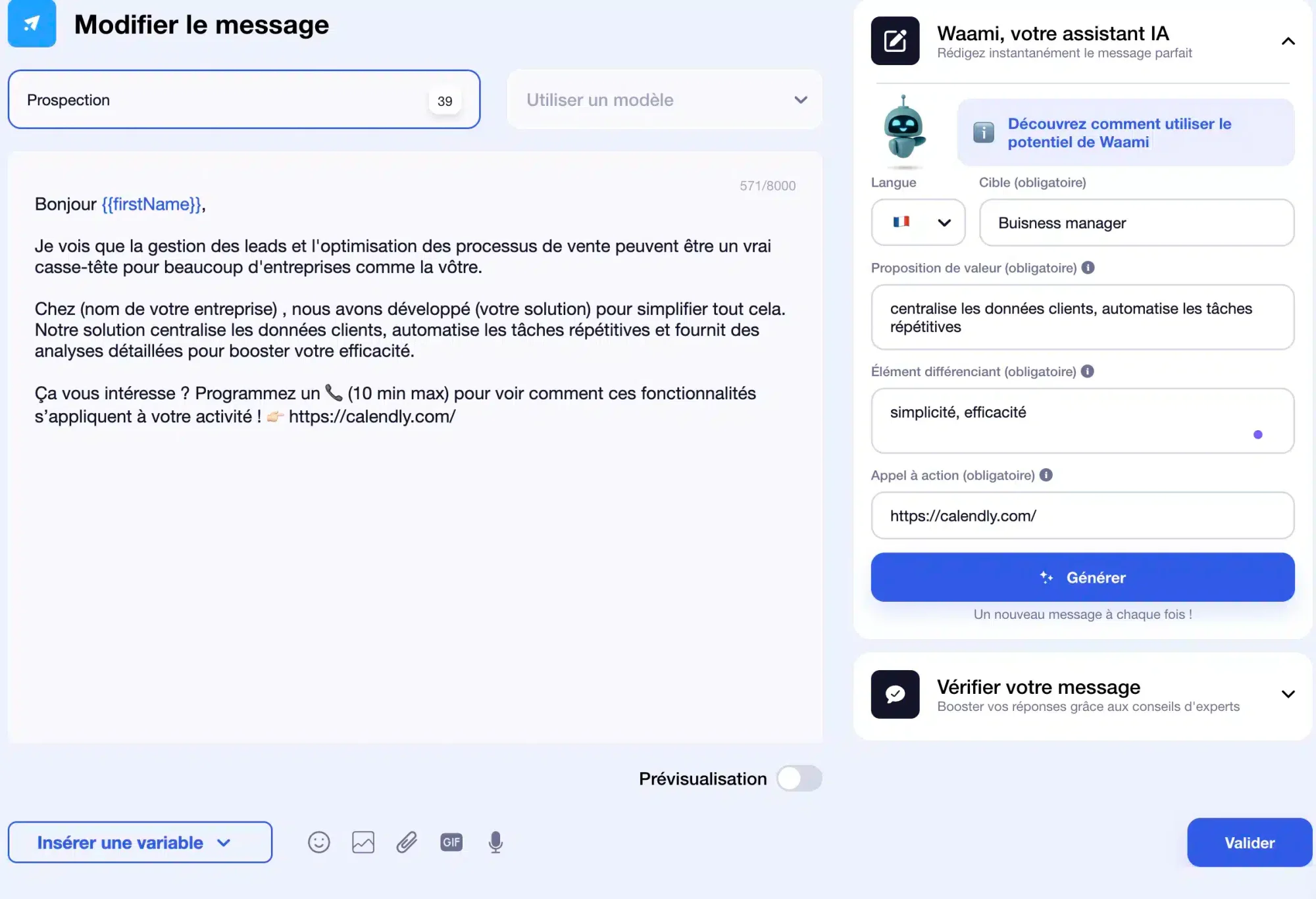Message prospection personnalisé Waami