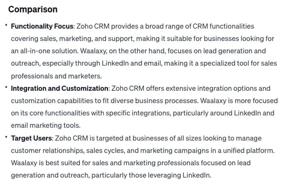 Comparaison Zoho CRM Waalaxy fonctionnalités