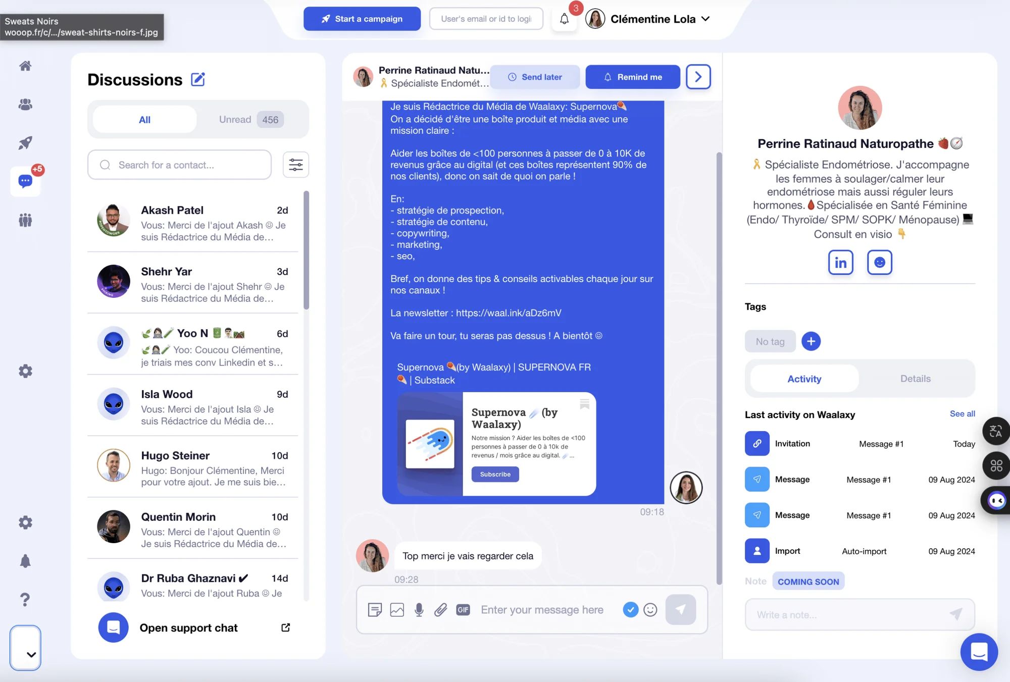 Geração de contactos B2B - resposta às pessoas na caixa de entrada do waalaxy