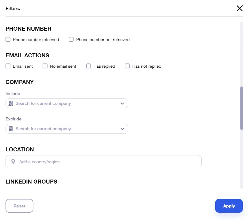 Page de filtres avec options pour filtrer par numéro de téléphone, actions email, entreprise, localisation et groupes LinkedIn.