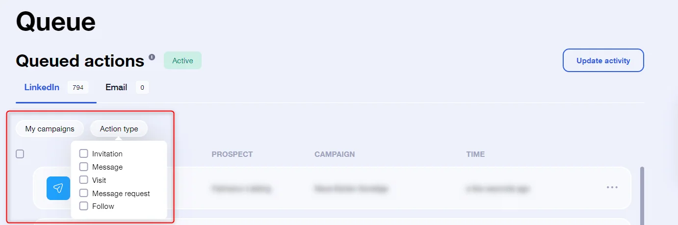 Queue actions LinkedIn Waalaxy