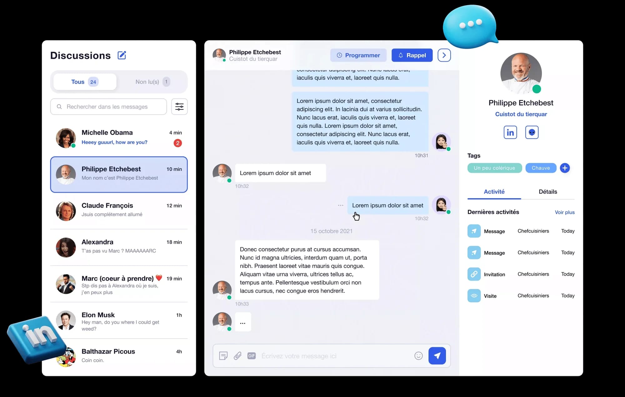 Interface messagerie discussion Waalaxy