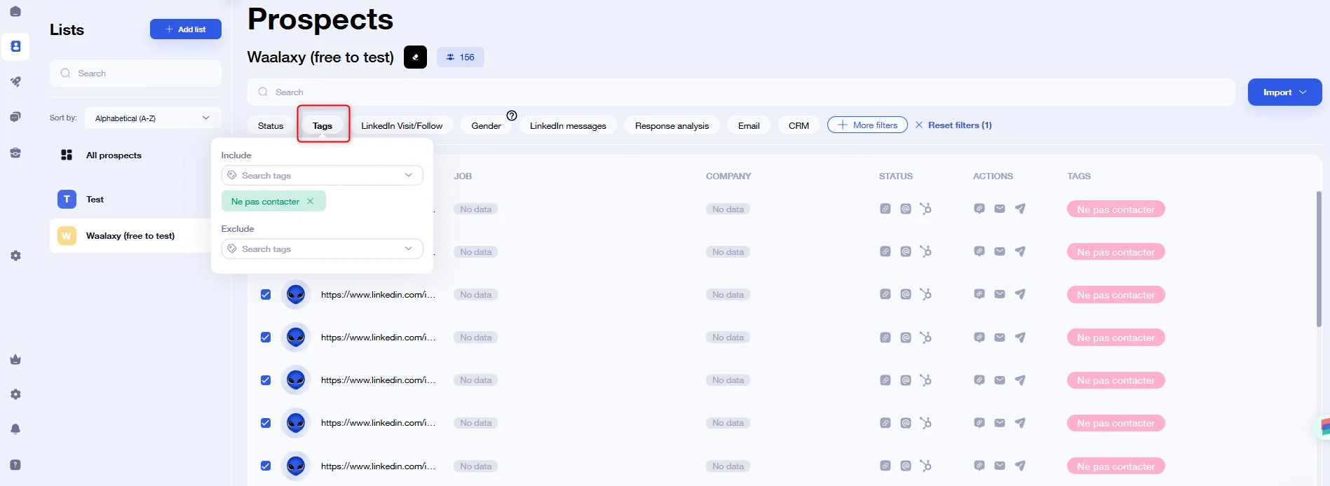 Filtre tags prospects LinkedIn Waalaxy
