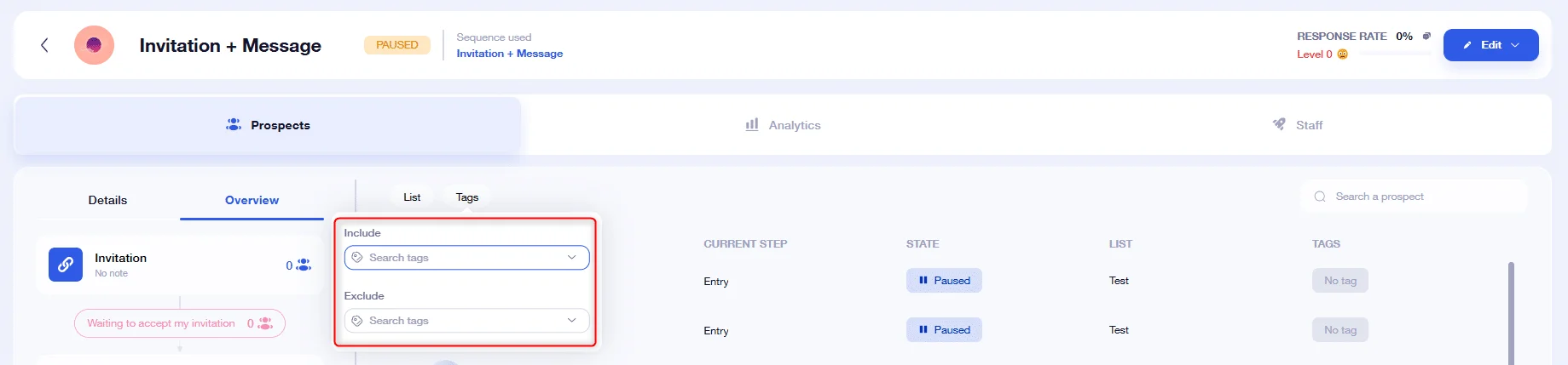 Interface d'envoi d'invitation avec champs de recherche et options de filtre.