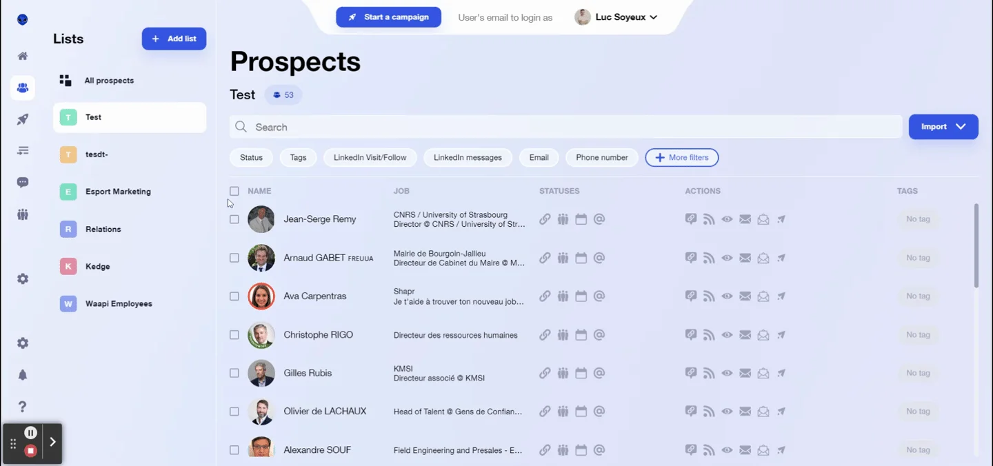 Interface prospection prospects Waalaxy